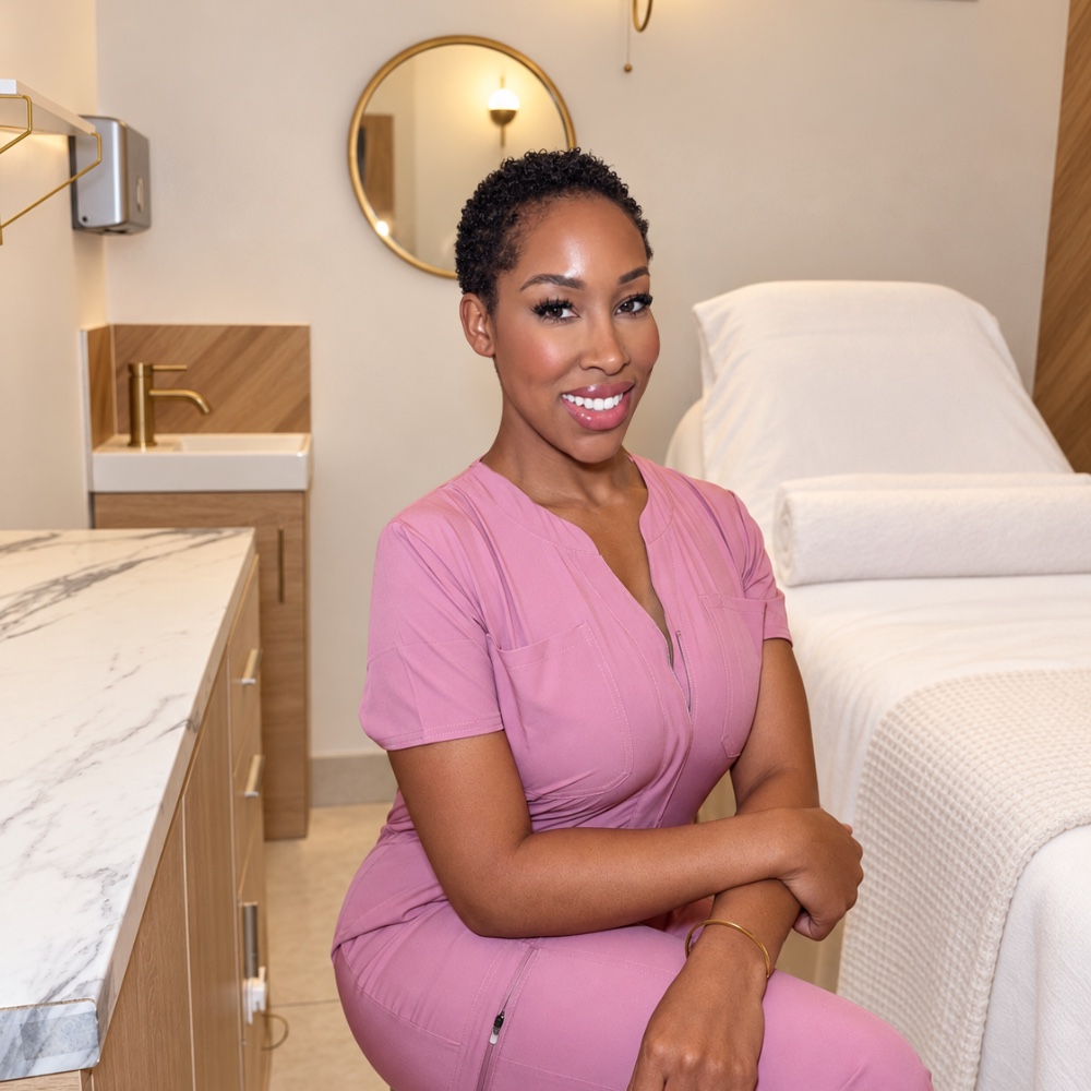 Crystal, seated in the treatment room beside the couch.