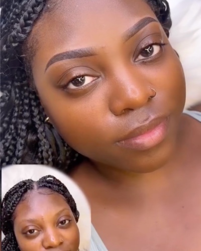 Ombré brows shown healed, with the client's untreated brows inset for comparison.